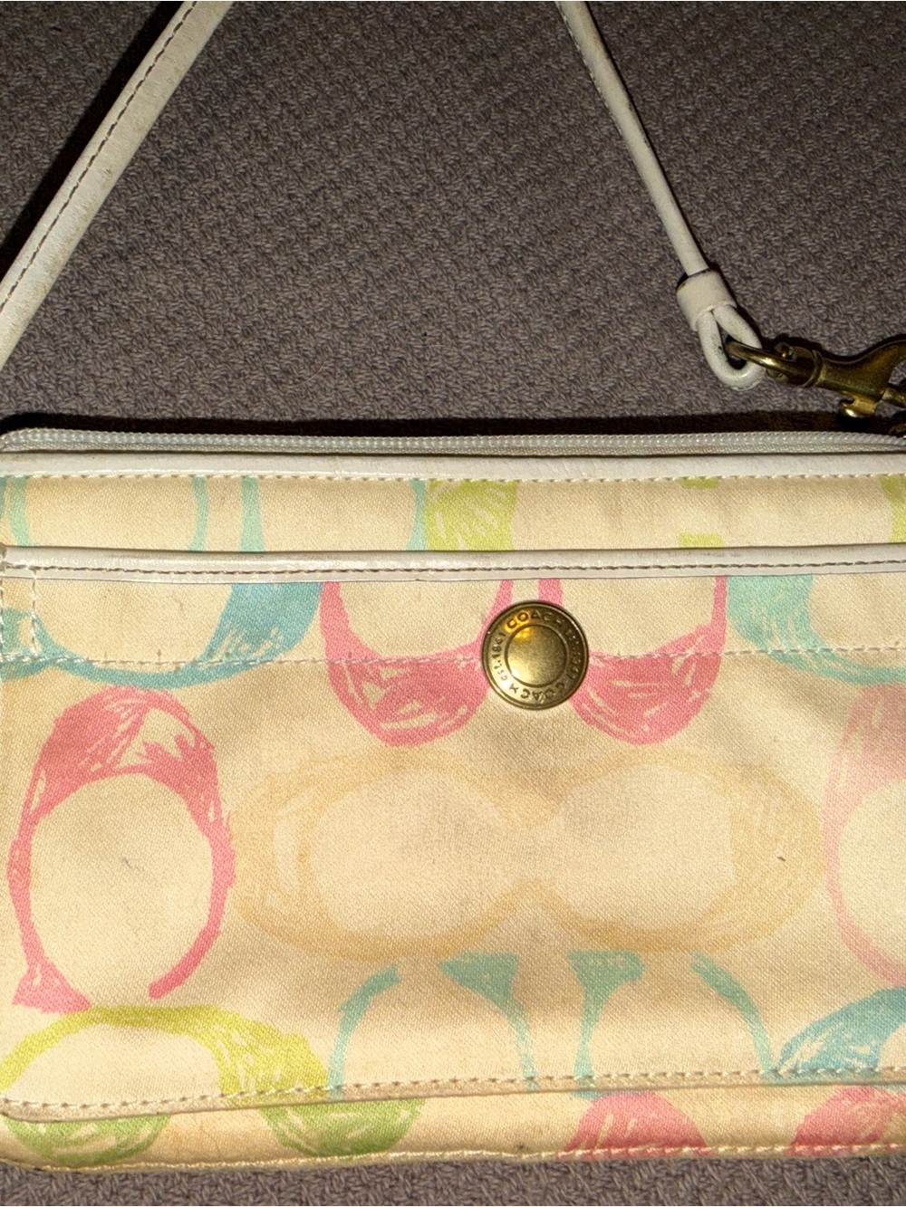 Coach Cream Wristlet with Pastel Pink, Blue & Green Signature Print